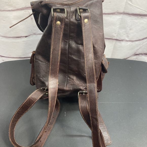 Genuine Leather Backpack Purse Pockets Adjustable Drawstring Buckle Brown Soft - Picture 6 of 14